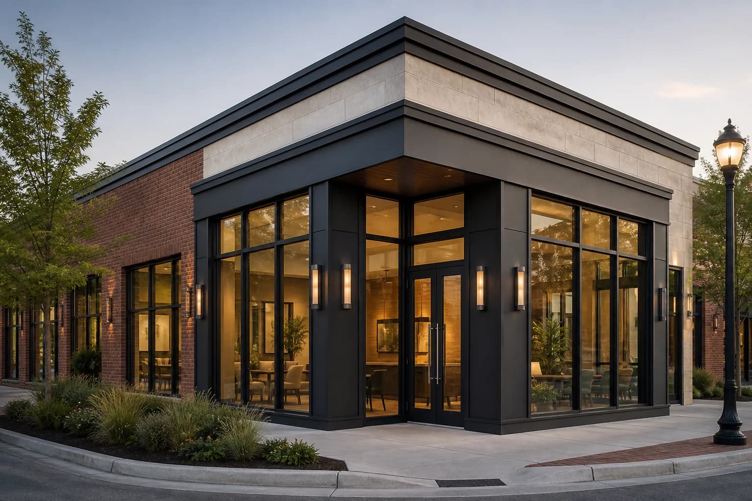 Commercial building with custom aluminum windows and storefront glazing
