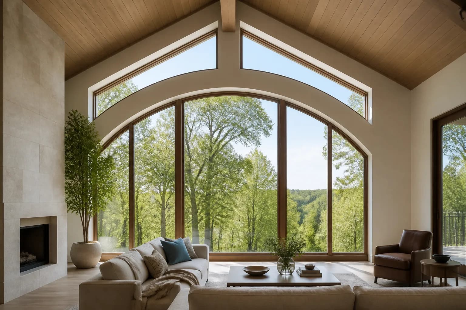 Arched and triangular custom windows in a vaulted room
