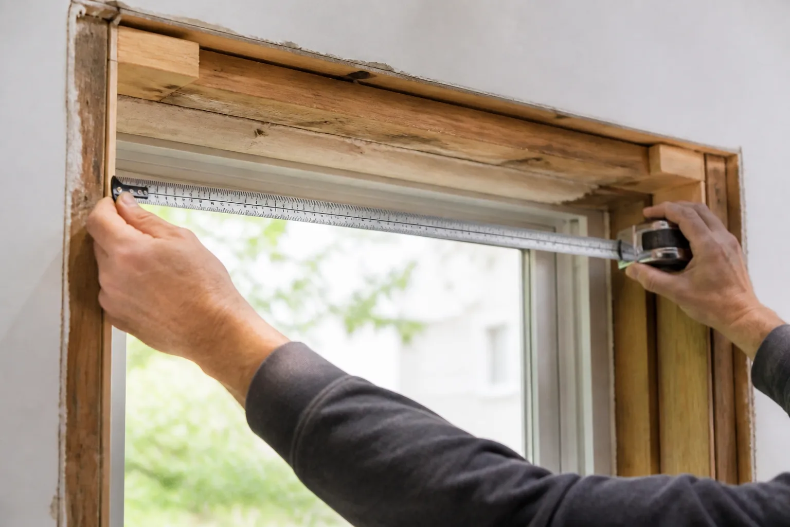 Professional measuring the width of an existing window opening